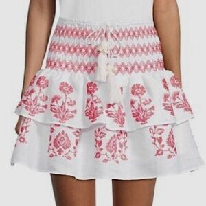 NWT Milly | White Estee Embroidered Ruffle Mini Skirt Red Floral cross-stitch